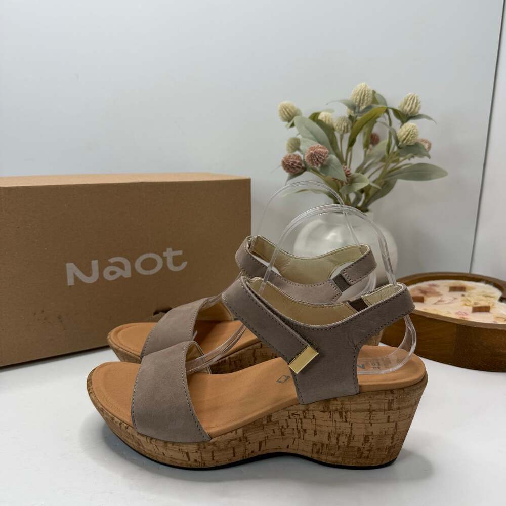 NAOT Summer Platform Leather Wedge Sandal Stone Nubuck Women's 40/9 NWB